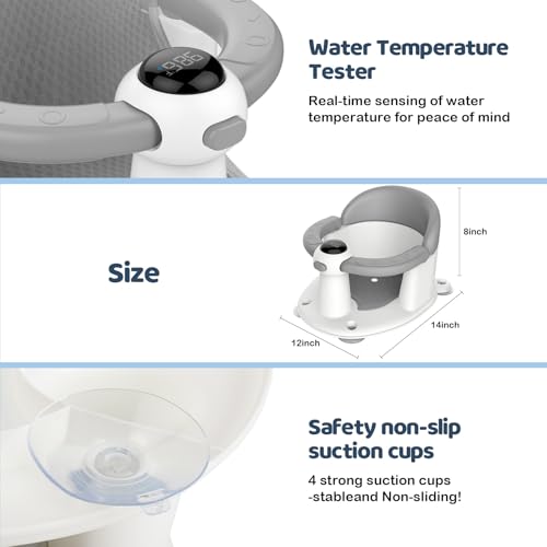 Image of TOSGN Baby Bath Seat-for Babies 6 Months & up, Water Temperature Display+Soft Cushion, Non-Slip Toddler Bath Seat for Baby, Sit Up Bath Seat for Baby, Grey