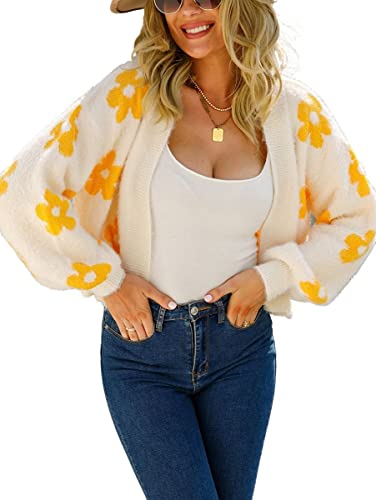 chouyatou Women's Fuzzy Daisy Printed Cropped Cardigan Open Front