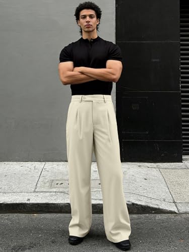 Image of JMIERR Mens Baggy Casual Dress Pants Lightweight Pleated Old Money Wide Leg Pants Loose Relaxed Fit Trousers