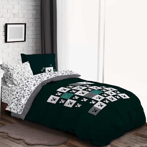 Image of Minecraft Creeper Twin Comforter Set 5 Piece Video Game Bedding, Green | Zombie Enderman, Bed in a Bag, Comforter Sheets Sham Pillowcase, Official Product, Microfiber, Machine Washable, Kids Gift