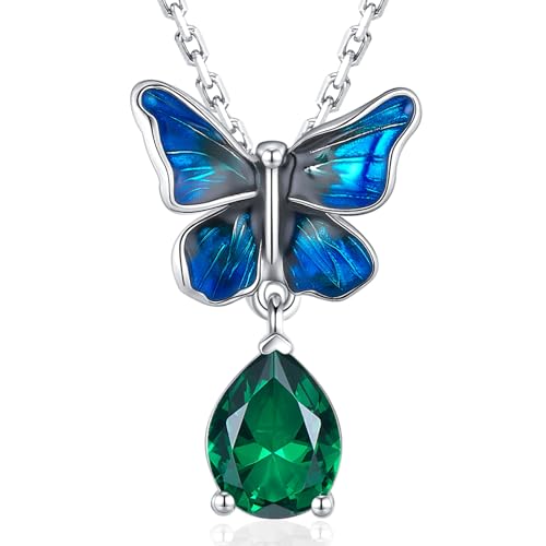 GEMLANTO Collier papillon en argent sterling 925 avec pierre précieuse - Bijoux fins pour femmes et mères - 45 + 5 cm, 18 cm, Métal, Émeraude créé