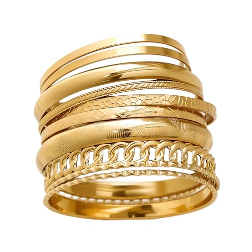ÌF ME Gold Bangle Bracelets for Women, Indian Bangles Stackable Set, Multi Layer Textured 14K Gold Plated Chunky Bracelets Boho Jewelrys Set（A-10PCS Chunky bangle set）