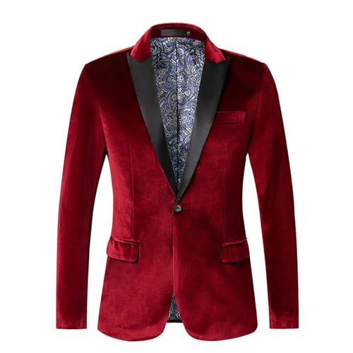 Duohropke Americana de terciopelo para hombre, corte regular, chaqueta de traje informal, chaqueta ligera deportiva, corte ajustado, un botón, traje sólido, chaqueta holgada, clásica, rojo, 3XL