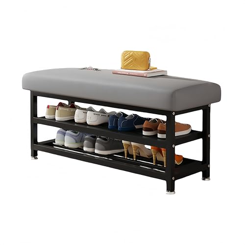 JORERAORMES玄関ベンチ3段シューズラック付き幅120cm座面クッションPUブラウンコートハンガー収納ベンチエントランス組み立て簡単省スペース (グレーのテクノロジー布+ブラックフレーム,80*31*44cm)