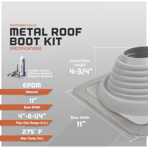 Image of Fasteners Plus #5 Square EPDM Metal Roof Pipe Flashing Boot | with Complete Install Kit (Fits 4 inch - 8-1 /4 inch Pipe OD), Gray