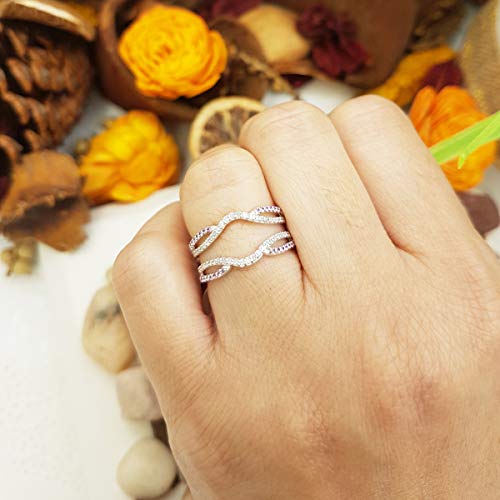 10K Solid Gold Round White Diamond & Pink Sapphire Womens Wedding Band Split Shank Enhancer Guard Double Ring2