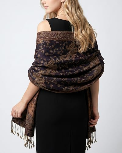 Achillea Soft Silky Reversible Paisley Pashmina Shawl Wrap Scarf w/Fringes (Navy)