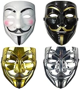 TRIXES 4PC Halloween V for Vendetta Mask Set  Guy Fawkes Face Masks  Squid Game, Devil, The Purge, Anonymous Hacker Fancy Dress  Cosplay Costume Party Accessories - White Black Gold & Silver