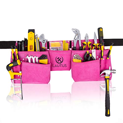 Image of LAUTUS Pink Tool Belt /Pouch /Bag, Carpenter, Construction, Framers, Electrician |11 Pockets| 2 Steel Hammer Holders|