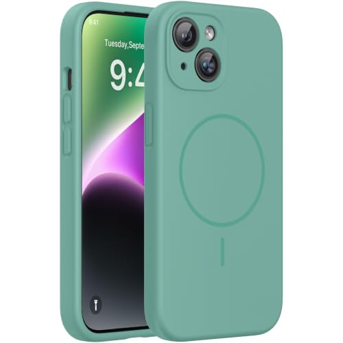 Image of Miracase Magnetic for iPhone 14 Case, [Soft Anti-Scratch Microfiber Lining], Compatible with MagSafe, Liquid Silicone Case Shockproof Drop Protection Phone Case for 14, Midnight Green