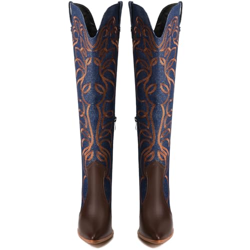 Women's Cowboy Boots Wide Calf Stiletto Knee High Fashion Pointed Toe Side Zipper High Heel Boots2