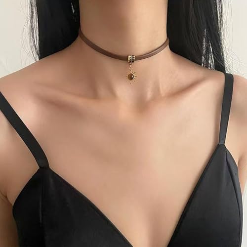 Aneneiceera Vintage Braune Leder Choker Halskette Winzige Sonnenblume Anhänger Halsketten Breite Braune Leder Halsketten Lederschnur Halskette Kette Schmuck Für Frauen