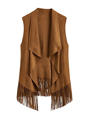 Soly Hux Women's Fringe Trim Sleeveless Lapel Open Front Vest Jacket Cardigan Camel M #TOP5