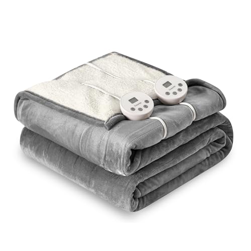 Heat Blanket 84”x90” Queen Size-Dual Control，Soft Flannel & Sherpa Electric Blanket with 10 Heat Settings,12 Timer Setting and 8 Hours Auto-Off,ETL Certified Machine Washable,Light Grey