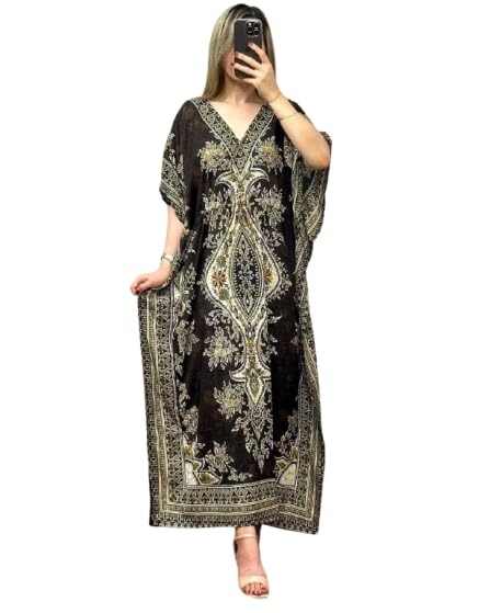 Image of NAIADES Women's Kaftan Dress - Bohemian Printed V-Neck Long Maxi Caftan with Loose Fit & Elegant Design (Kaftan-Kurti)