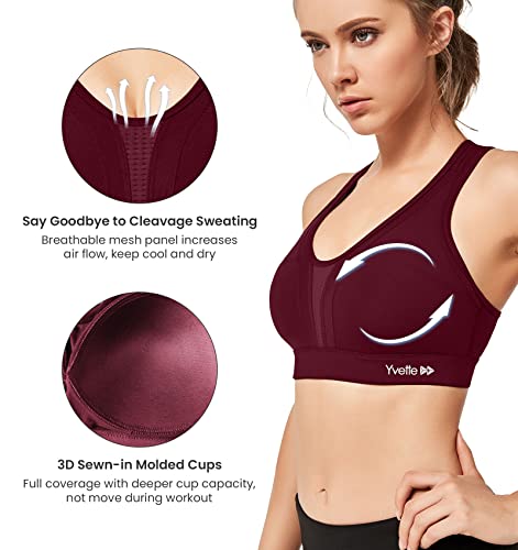 Yvette Women High Impact Sports Bras Criss Cross Back Sexy Running Bra for Plus Size, Burgundy, M(DF)