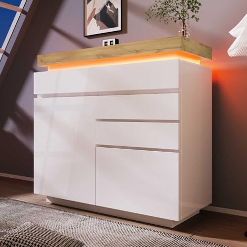 YEHTOKHOME Commode à 2 Portes et 3 tiroirs,Buffet Brillant, Armoire multifonctionnelle avec éclairage LED, organizzatore de Style Moderne (Blanc 2)