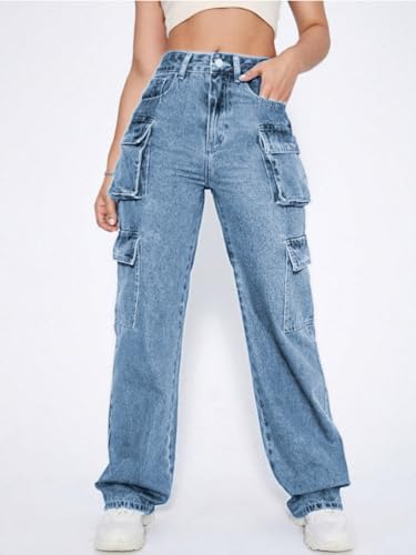 Image of Ben Martin Women's High Rise Cargo Pants || Denim Cargo's Pants || Oversized-Jeans|| Loose Jeans Pant,S