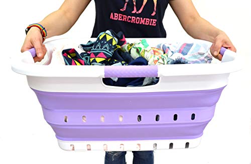 Image of SAMMART Collapsible 3 Handled Plastic Laundry Basket - Foldable Pop Up Storage Container /Organizer - Portable Washing Tub - Space Saving Hamper /Basket (3 handled rectangular, White /Lt. Purple)