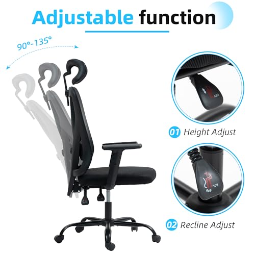 Image of ECOTOUGE Ergonomic High Back Office Chair, Floor Chair with Back Support, Big and Tall Office Chair with Adjustable Headrest, Gaming Chair Mesh Home Office /Study Chair, Black
