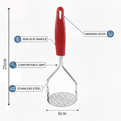 Image of YANCI Potato Masher, Stainless Steel Ricer Kitchen Gadget with Non-Slip Handle, Masher Utensil for Mashed Pav Bhaji, Vegetables, Fruits & Baby Food, Red, Pack of 1