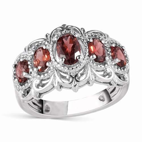 5 Stone Garnet Rings for Women in Platinum Plating - January Birthstone Promise Ring Engagement Rings for Women Vintage Fashion Gemstone Red Garnet Jewelry Birthday Gifts for Womens