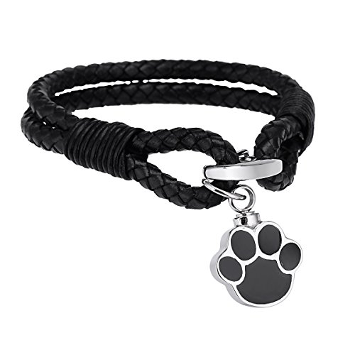 Pulsera de urna conmemorativa de Pies de mascotas de acero inoxidable de cuero negro urna cremación urna pulsera joyería de cremación