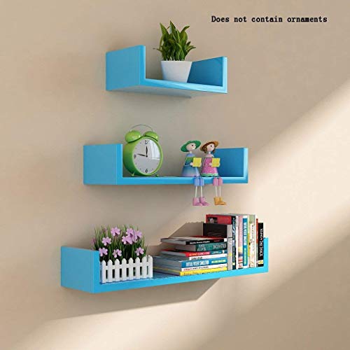 Image of DECORVISTA Wooden Handcrafted Wall Shelf Beautiful Floating Wall Racks Shelves Living & Bed Room Decor U Shaped Set of 3 (Multi) (Sky Blue)