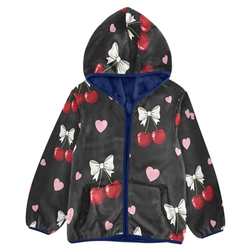 Cherry Bow Hearts on Black Toddler Fleece Jacket Girl Boys Hooded Fleece Jacket Coat Warm Outwear Zip-up 3-10T