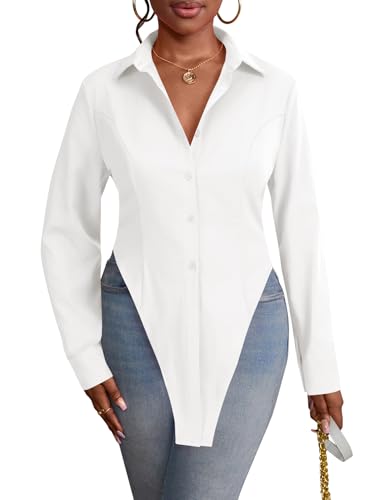 OPOIPIN Women's Collar V Neck Button Bown Long Sleeve Slit Hem Blouse Shirt Top3