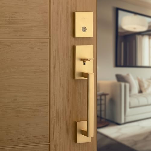 Image of Kwikset San Clemente Front Door Lock Handle and Deadbolt Set, Entry Door Handleset Exterior with Interior Reversible Lever, Satin Brass, Pick Resistant SmartKey Rekey Deadbolt Security