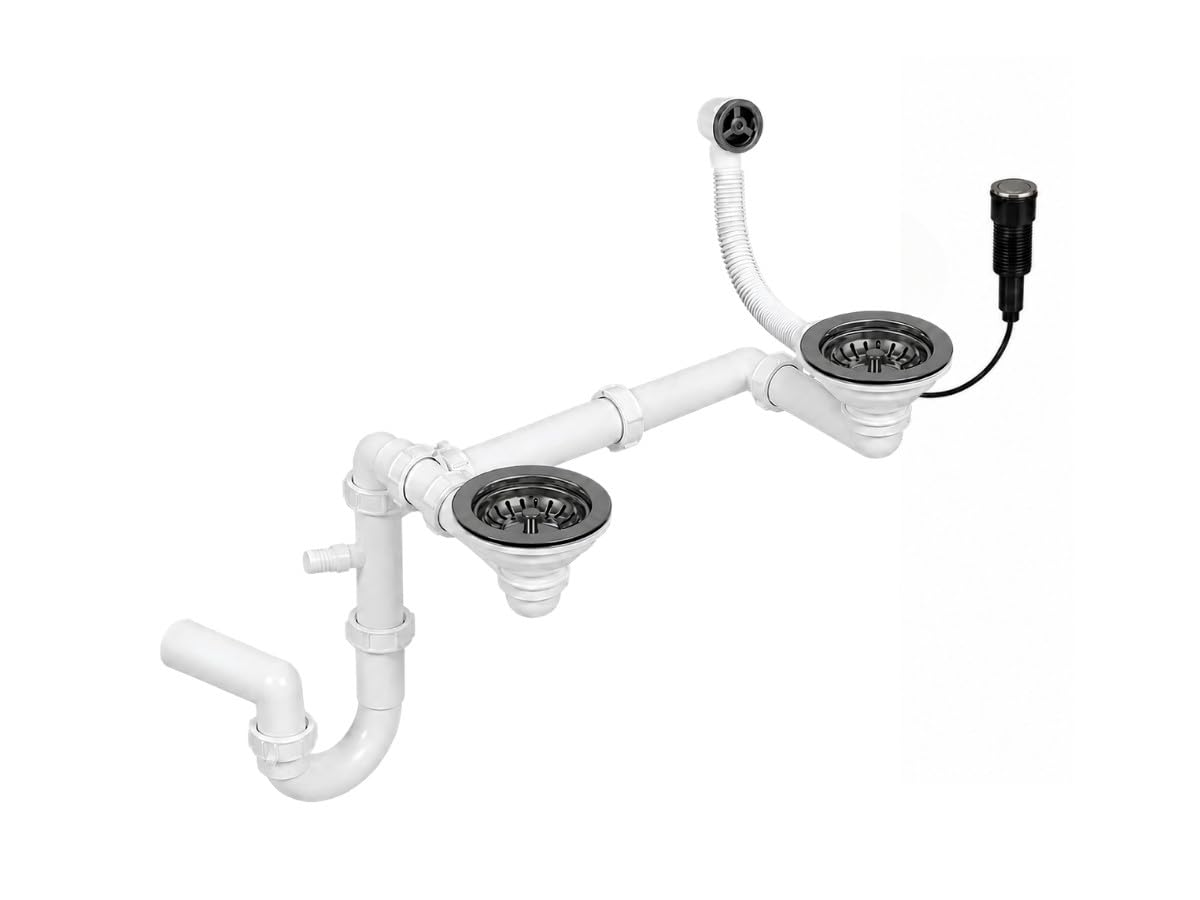 GranMaster Premium Raumsparsiphon für 2-Becken-Spülbecken Gunmetal – Ablaufgarnitur mit Exzenterbedienung, rundem Überlauf und Geräteanschluss für Waschmaschine/Geschirrspüler