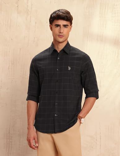 Image of U.S.Polo Association Men's Tailored Fit Windowpane Checked Shirt (USSHT3027 Dark Brown 48)