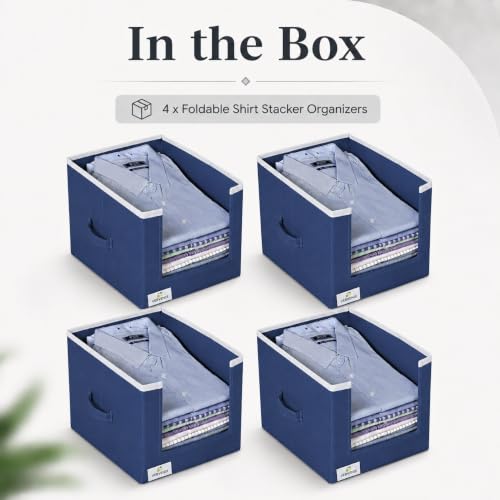Image of VERVENIX Shirt Stacker Set of 4, Non Woven Foldable Clothes Storage Organizer with Handle, Wardrobe Closet Organizer, Space Saving Cloth Organizer for T-Shirts, Shirts, Jeans, Blue