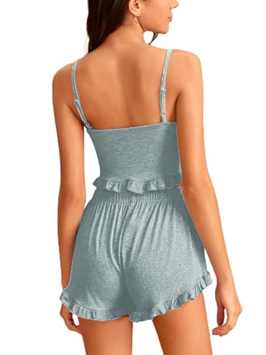 Image of Avanova Women's Ribbed Knit Pajama Set Cami Top and Ruffle Hem Shorts 2 Piece Sleepwear Set A Green X-Large