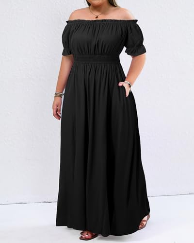 Image of Holipick Women's Off The Shoulder Boho Dress Plus Size Floral Smocked Waist Split Summer Maxi Sundress with Pockets