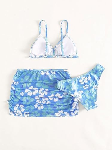 Image of Girl's 3 Piece Sets Floral Print Bikini Swimsuit High Waisted Bathing Suits with Beach Skirt Coverups