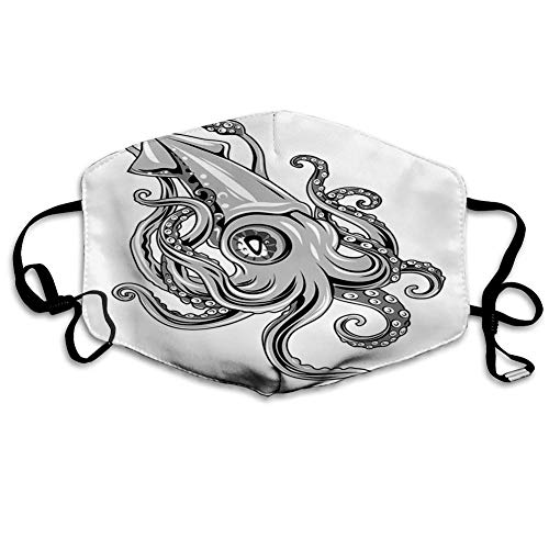 Cómodo impreso, calamar con aletas, diseño de sepia, animal antiguo, subacuático, extranjero, diseño artesanal, resistente al viento, decoraciones faciales para hombre y mujer
