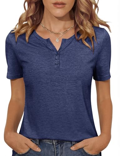 Totatuit Tee Shirt Femme Manches Courtes Col V Unicolore Haut Élégant et Polyvalent Parfait pour Les Journées Estivales Bleu Marine，M