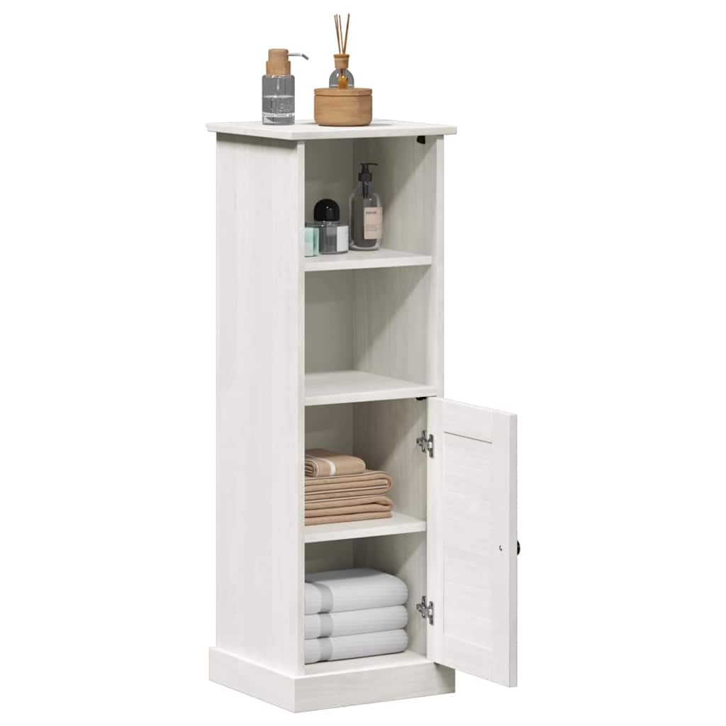 VIGO - Armadietto da bagno bianco anticato in legno di pino massiccio, 37 x 34 x 110 cm, con 4 ripiani e porta, per bagno degli ospiti, WC, spazio per ordine e ripiano
