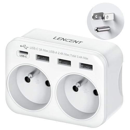 LENCENT Adaptateur de Voyage Type B - 6 en 1 vers USA/Canada/Mexique/Thaïlande - Prise Française avec 2 Prises AC et 3 Ports USB-A，1 Port USB-C -pour...