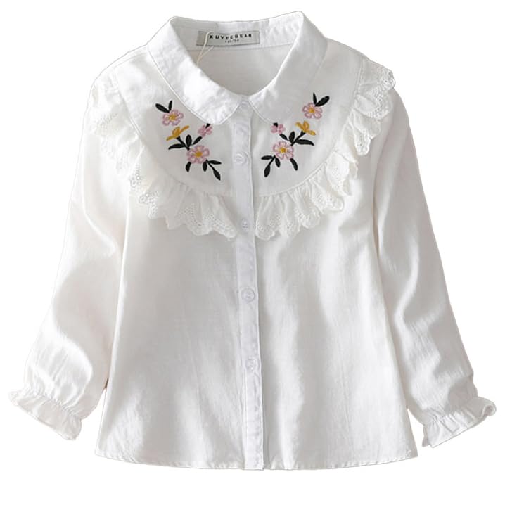 Girls White Cotton Blouse with Floral Embroidery, Lace Ruffle Collar, Long Sleeve Button Down Shirt