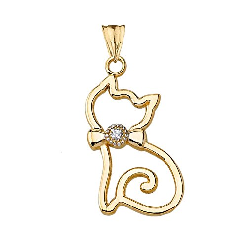 Animal Kingdom Unique 14k Yellow Gold Diamond Openwork Cat Charm Pendant