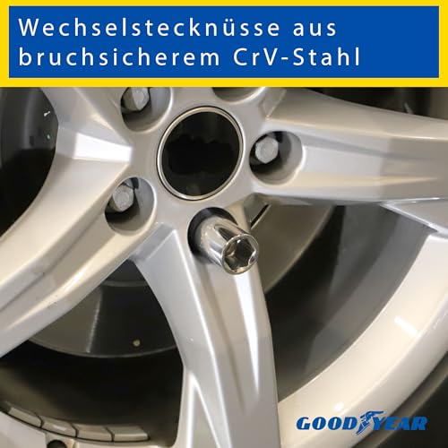 GOODYEAR 75521 Teleskop Radmutternschlüssel, ausziehbar, inklusive Wechselstecknuss 17 mm und 19 mm, rutschfeste Beschichtung, Chrom-vanadium-stahl