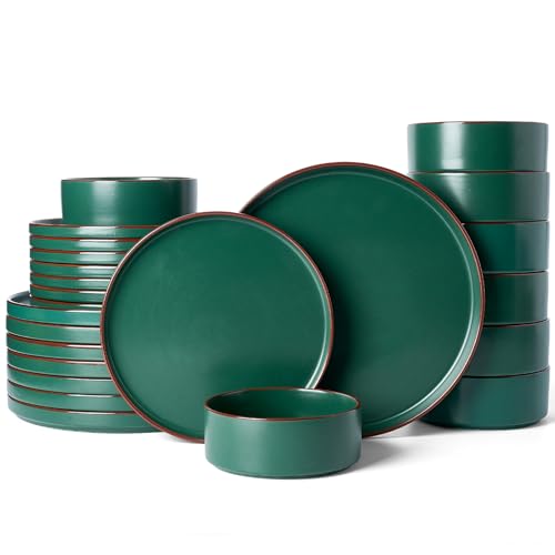 Image of Famiware Nebula Ridge Stoneware Dinnerware Sets for 8, 24 Pieces Plates and Bowls Sets, Dishes Set, Microwave and Dishwasher Safe Kitchen Plates, Dark Green