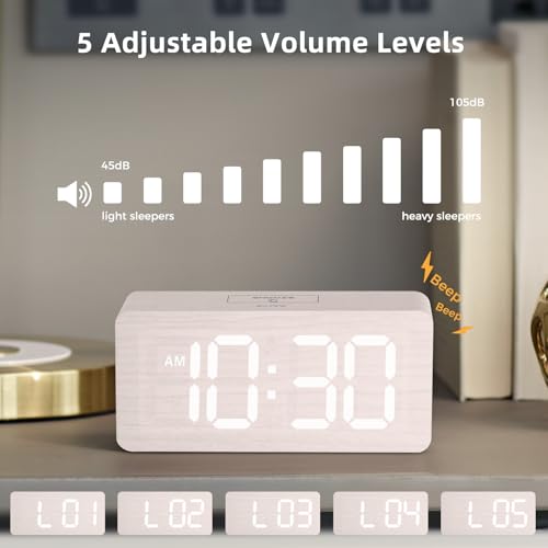 Image of uscce Wooden Digital Alarm Clocks for Bedrooms with 0-100% Dimmable Display | Desk Clock with Large Numbers for Living Room - Loud Dual Alarm for Heavy Sleepers with Volume Control - Wood Decor & Gifts
