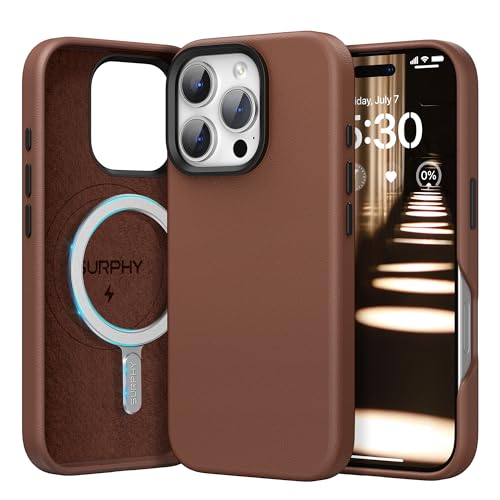 SURPHY Leather Case for iPhone 16 Pro Max Case Premium Faux Leather Compatible with Mag-Safe [Metallic Buttons & Microfiber Lining] Cover for iPhone 16 Pro Max 6.9 inch Brown