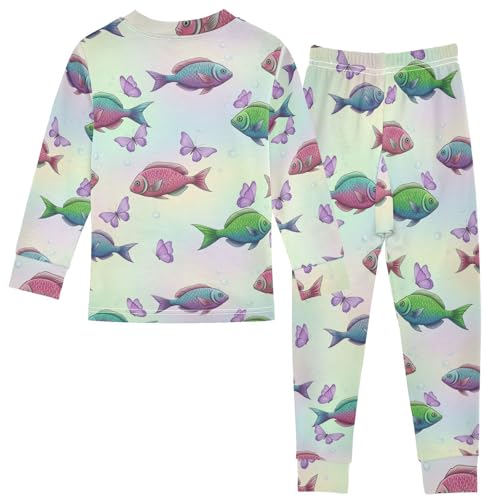 Pajama Sets Long Sleeve Fish Butterflies Bubbles Pastelcolors Soft Comfy Sleepwear 2 Piece PJS 3-8T3