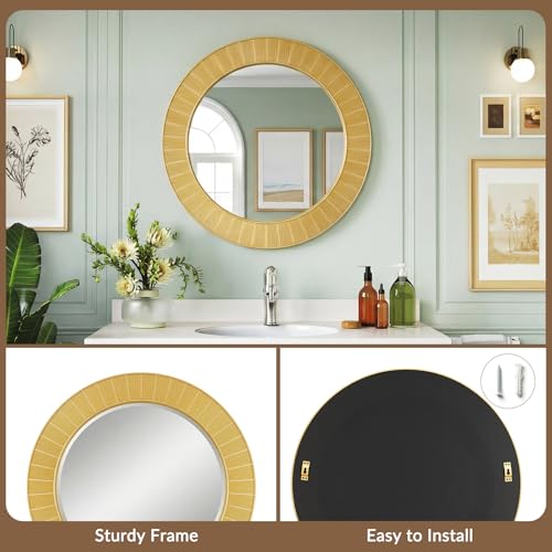 Image of Uniclinens Gold Round Wall Mirror - Modern Large Coastal Round Mirror Decor with Clean Lines, Sun-Shaped Circle Wall Decor Art for Bathroom Entryway Fireplace Living Room Bedroom Hallway,31 inch