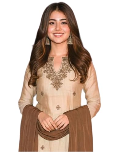 Image of ANNI Designer Women's Viscose Blend Embroidered Straight Kurta with Pant & Dupatta | Three Piece Kurta Pant Dupatta Set for Women | Round Neck with V-Slit Straight Kurti 3 /4 Sleeve